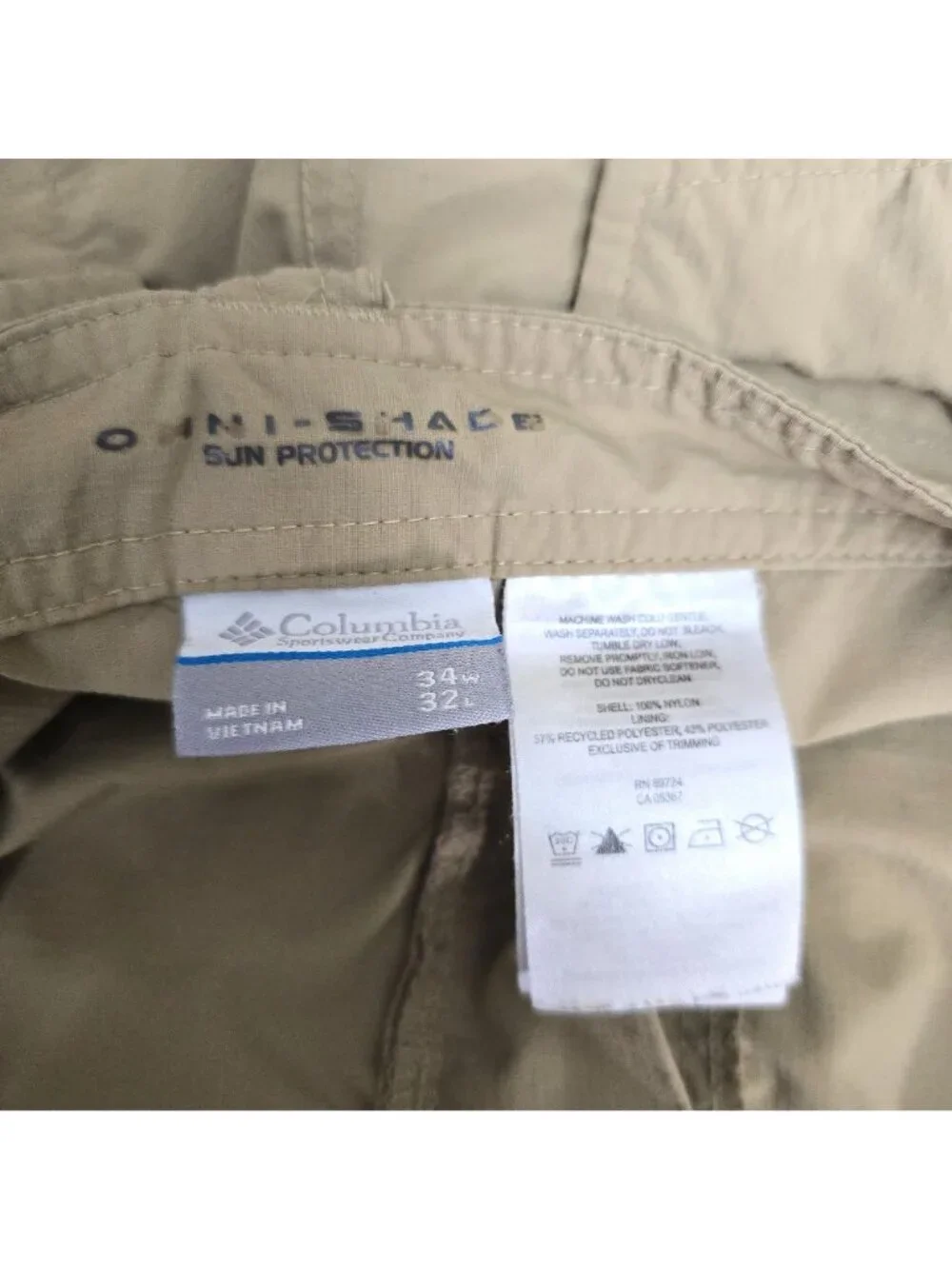 Columbia Khaki Omni Shade Convertible Hiking Moisture Wicking Pants Men 34x32